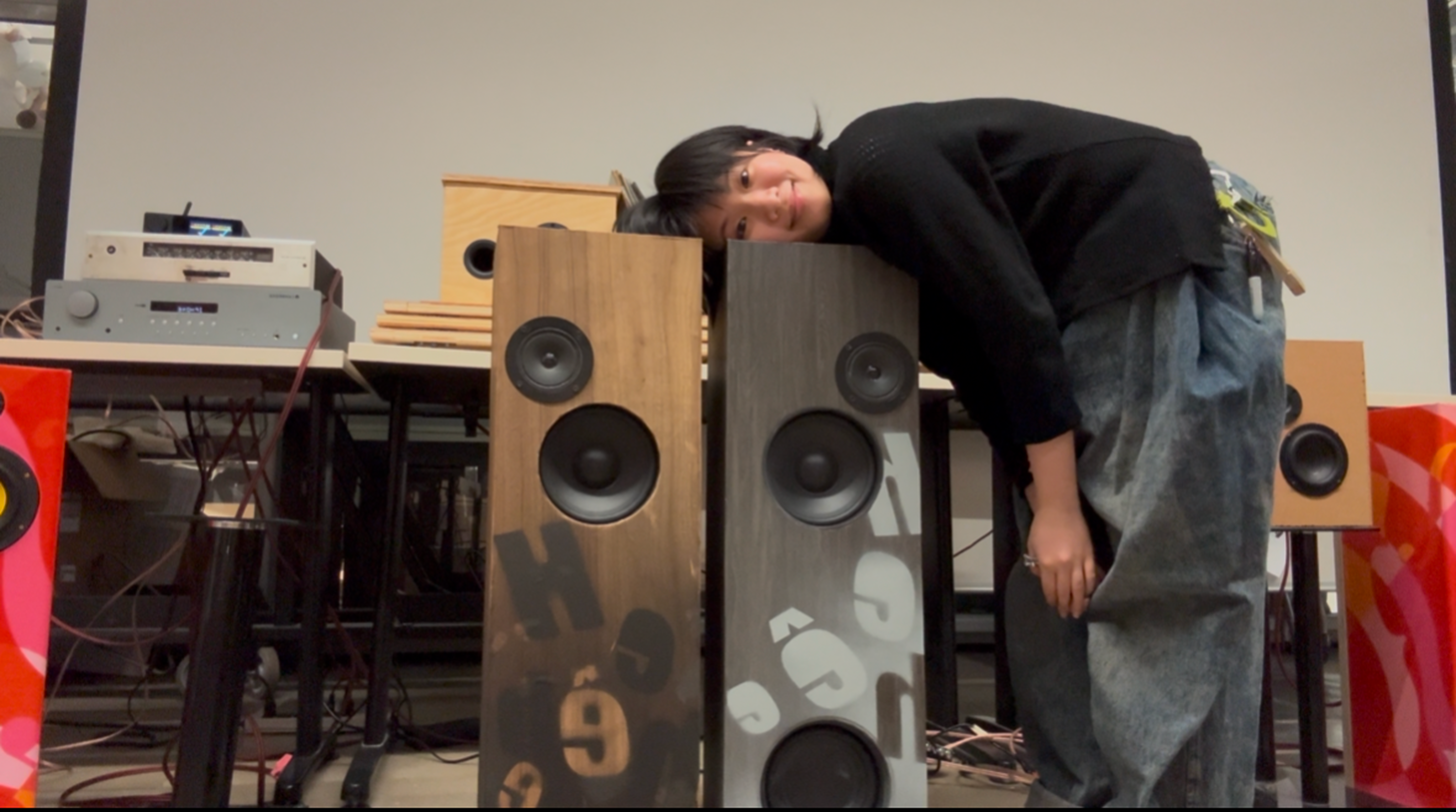 hhehehehe speakers final product with Chem posing next to the finished pair