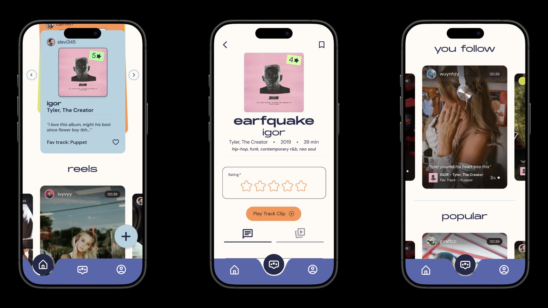 VinylCircle final UI: reels, album detail, and following screens