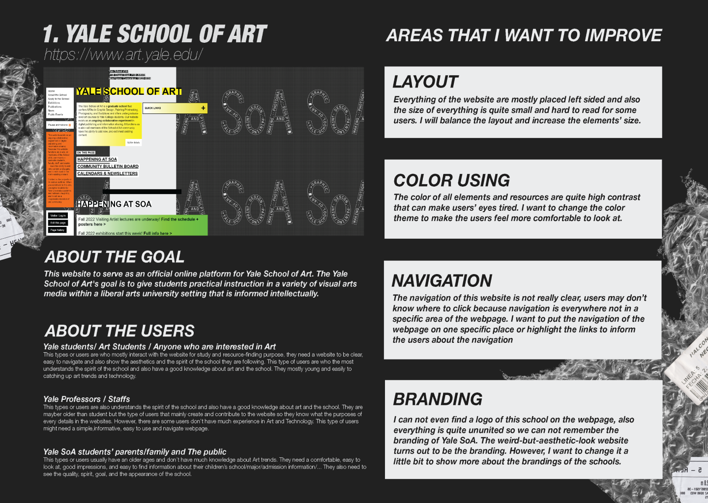 Existing Yale SOA website audit of goals, users, and areas to improve