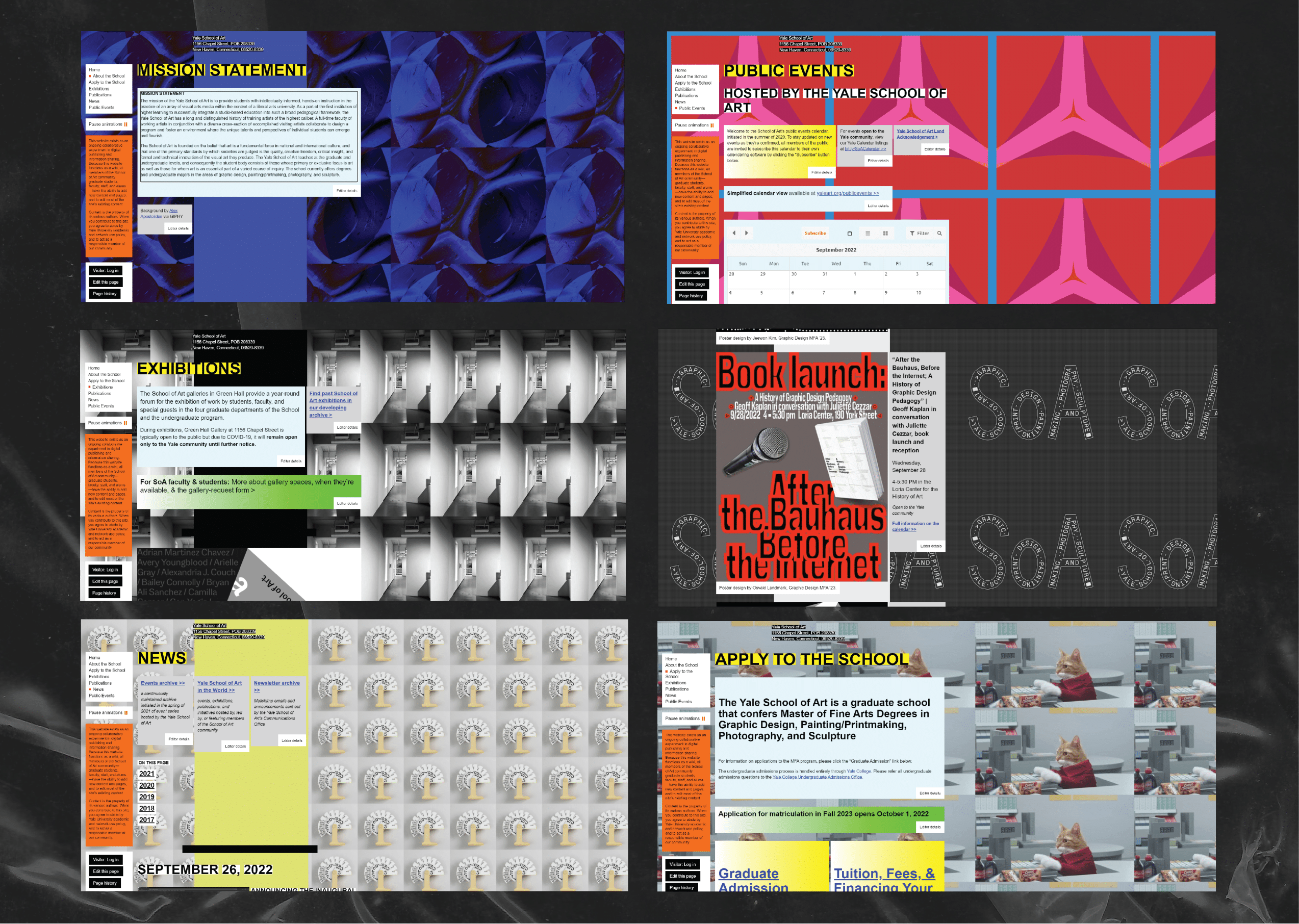 Visual audit of the existing Yale SOA website's mismatched page styles, part 1